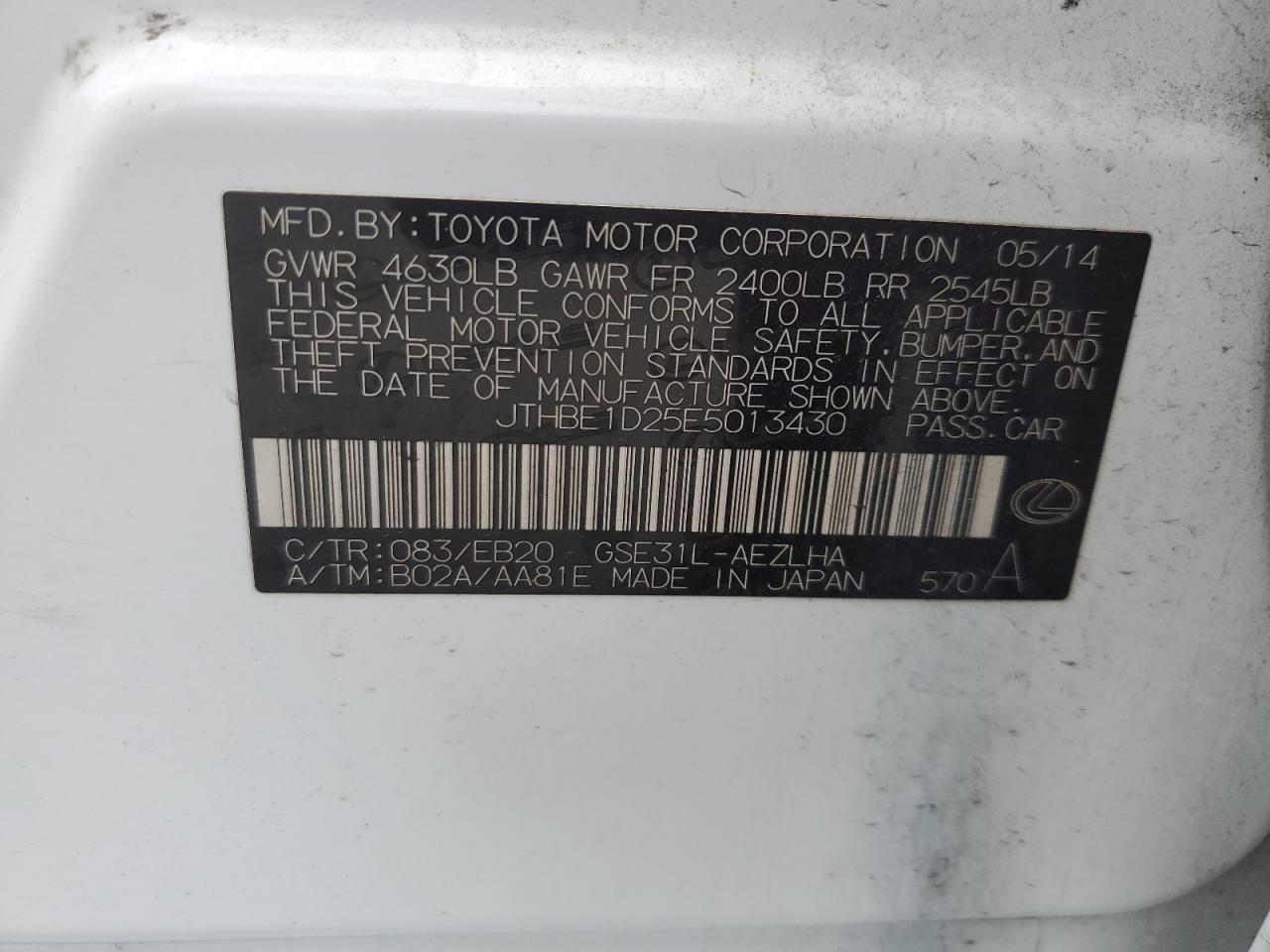 JTHBE1D25E5013430 2014 Lexus Is 350