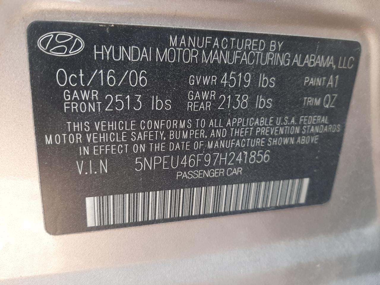 5NPEU46F97H241856 2007 Hyundai Sonata Se