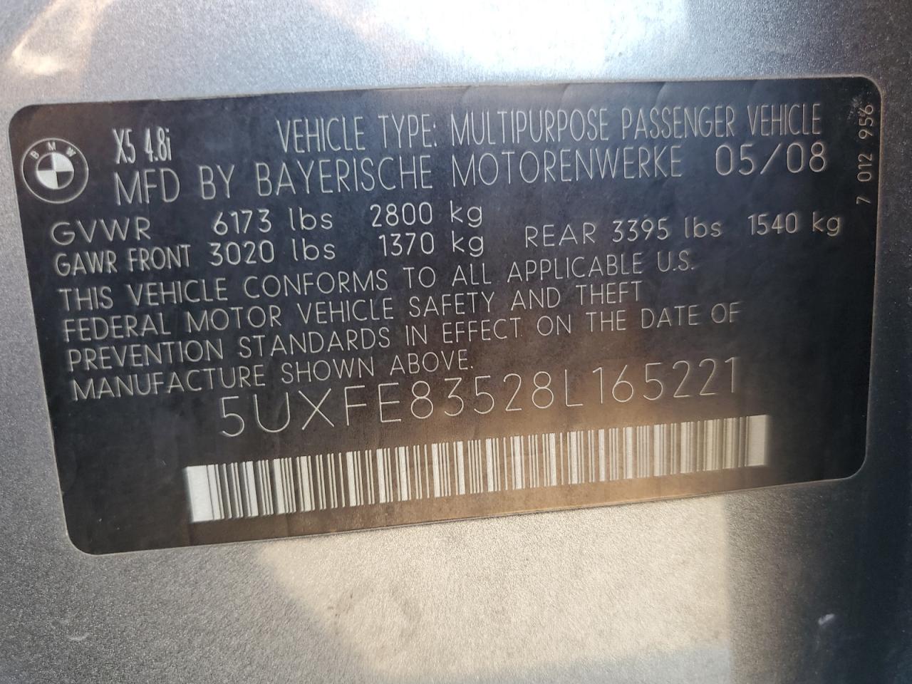 5UXFE83528L165221 2008 BMW X5 4.8I