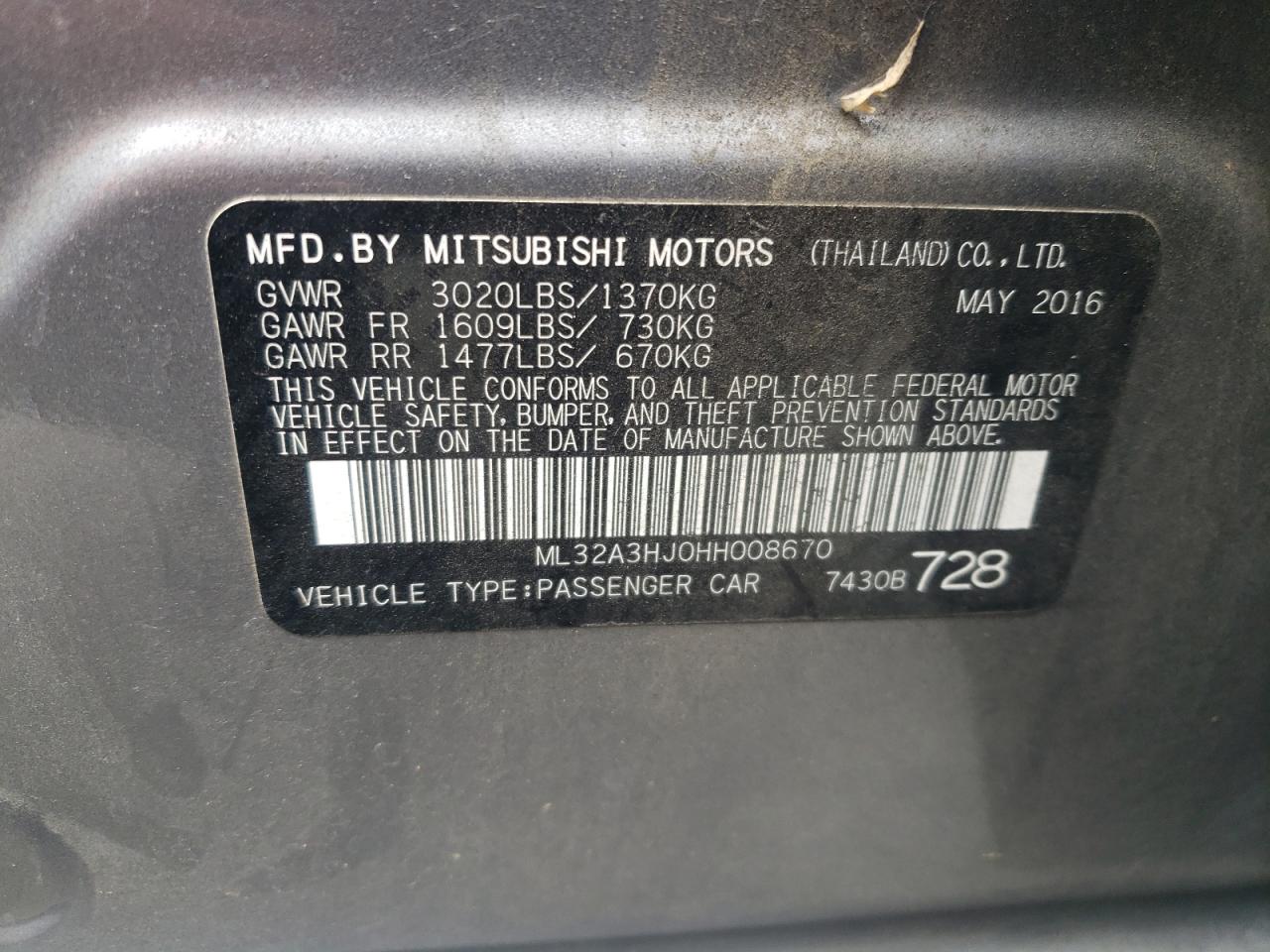 ML32A3HJ0HH008670 2017 Mitsubishi Mirage Es