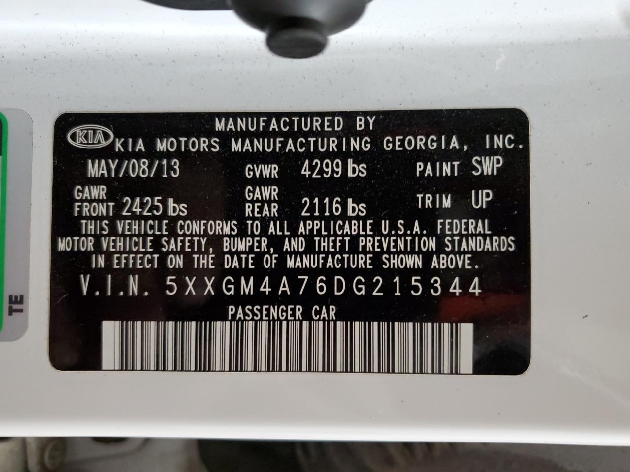 5XXGM4A76DG215344 2013 Kia Optima Lx