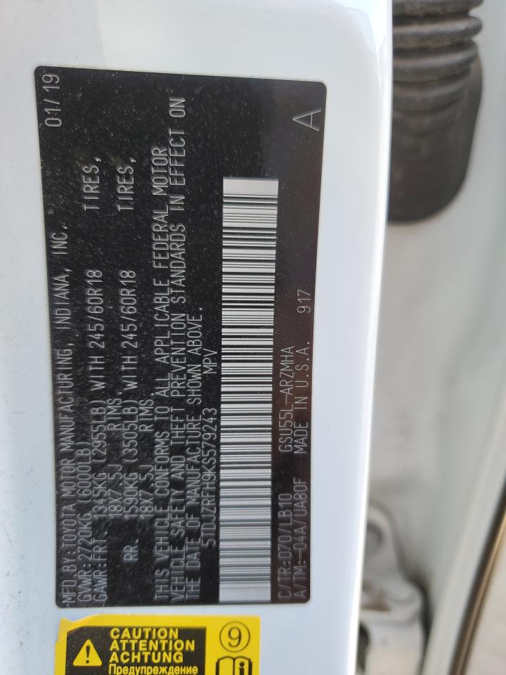 5TDJZRFH9KS579243 2019 Toyota Highlander Se