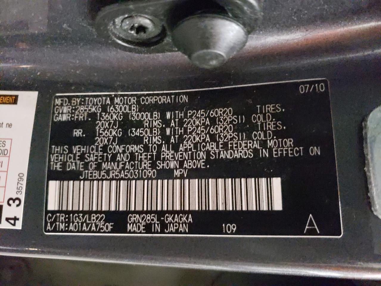 JTEBU5JR5A5031090 2010 Toyota 4Runner Sr5