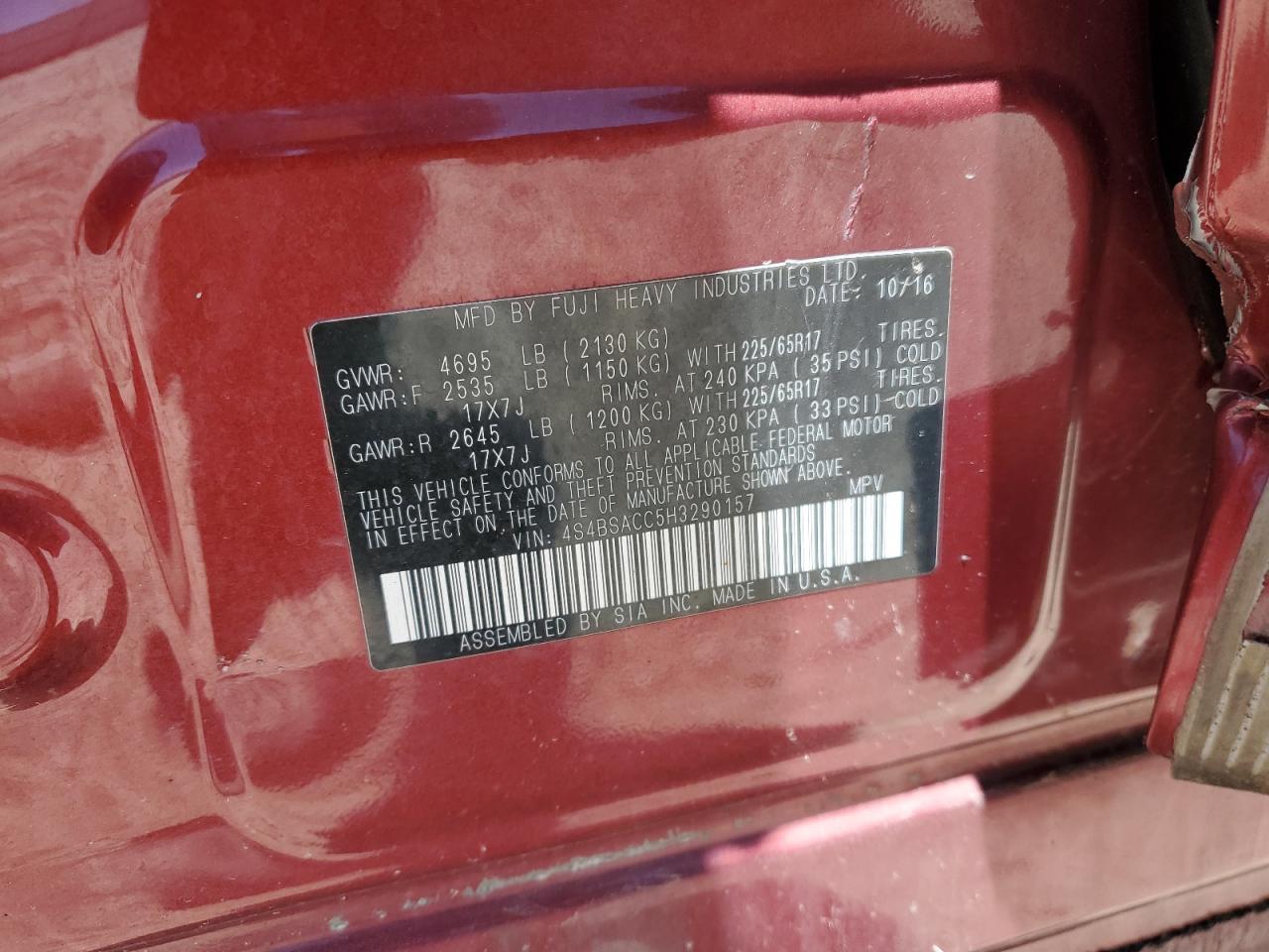 4S4BSACC5H3290157 2017 Subaru Outback 2.5I Premium