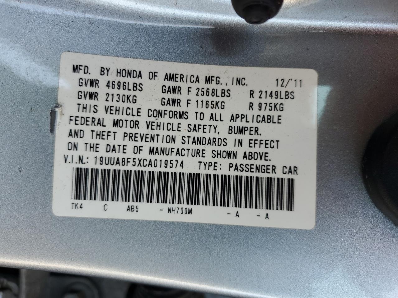 19UUA8F5XCA019574 2012 Acura Tl