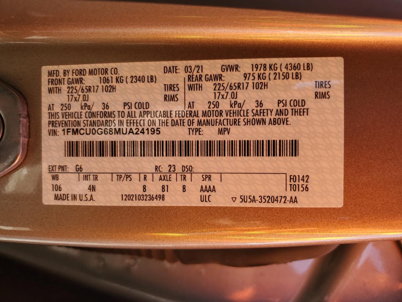 1FMCU0G68MUA24195 2021 Ford Escape Se