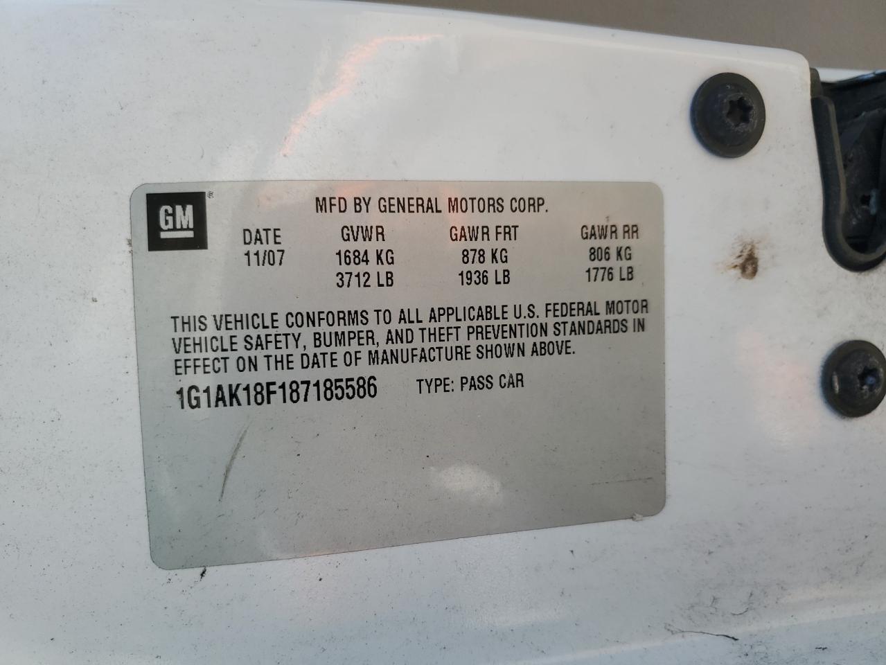 1G1AK18F187185586 2008 Chevrolet Cobalt Ls