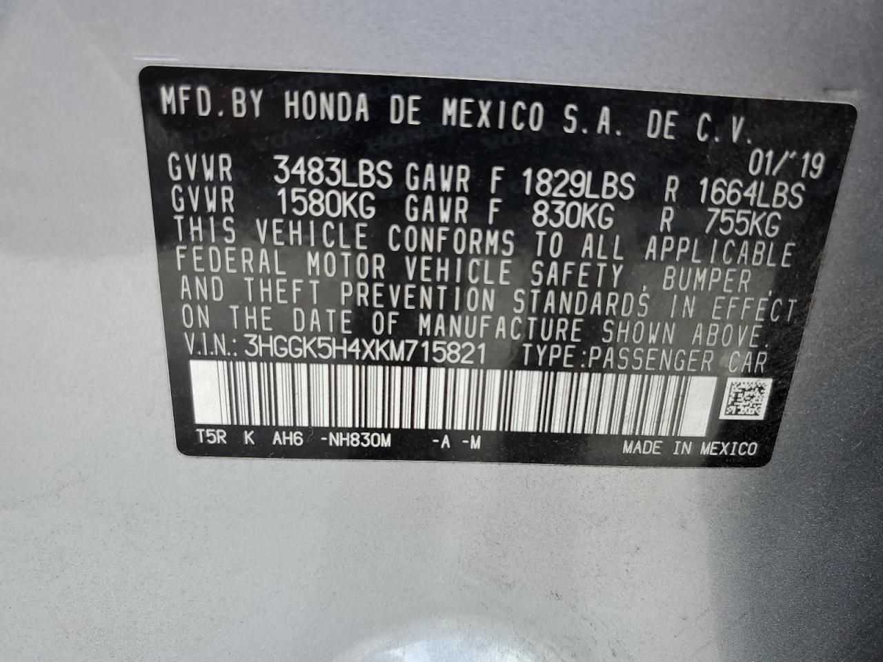 3HGGK5H4XKM715821 2019 Honda Fit Lx