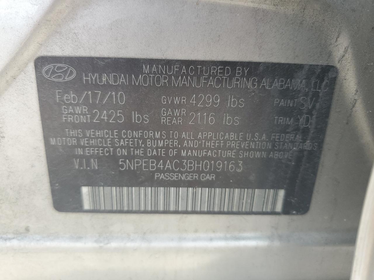 5NPEB4AC3BH019163 2011 Hyundai Sonata Gls