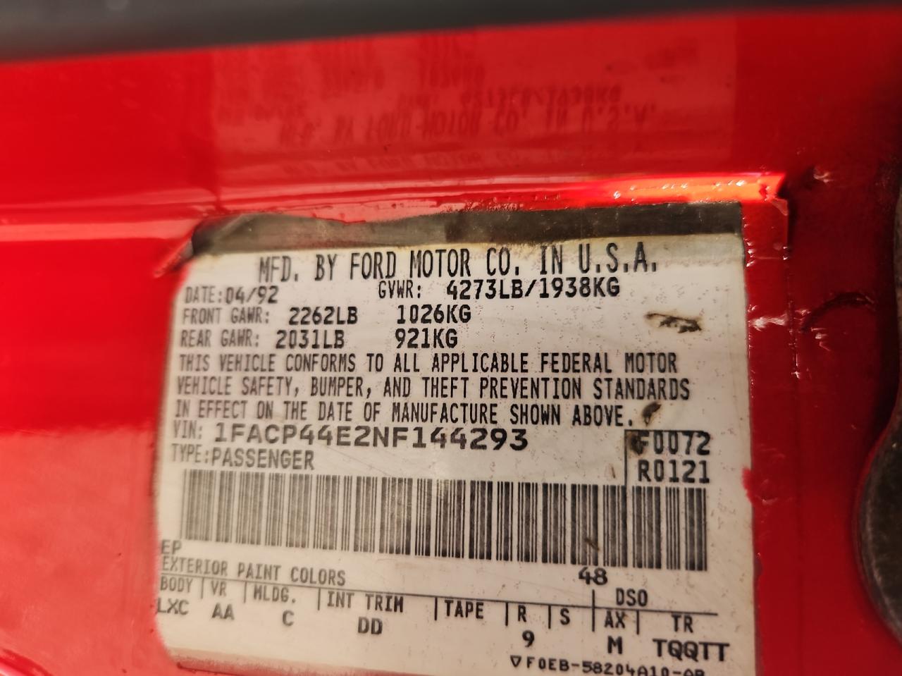 1FACP44E2NF144293 1992 Ford Mustang Lx