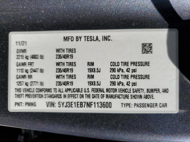 2022 Tesla Model 3 VIN: 5YJ3E1EB7NF113600 Lot: 60868504