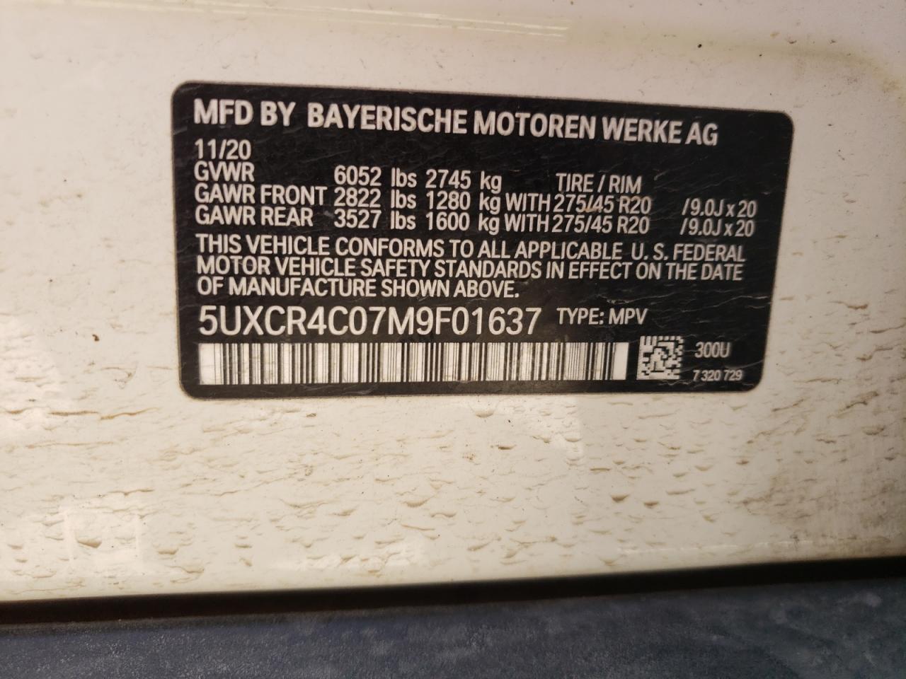 5UXCR4C07M9F01637 2021 BMW X5 Sdrive 40I