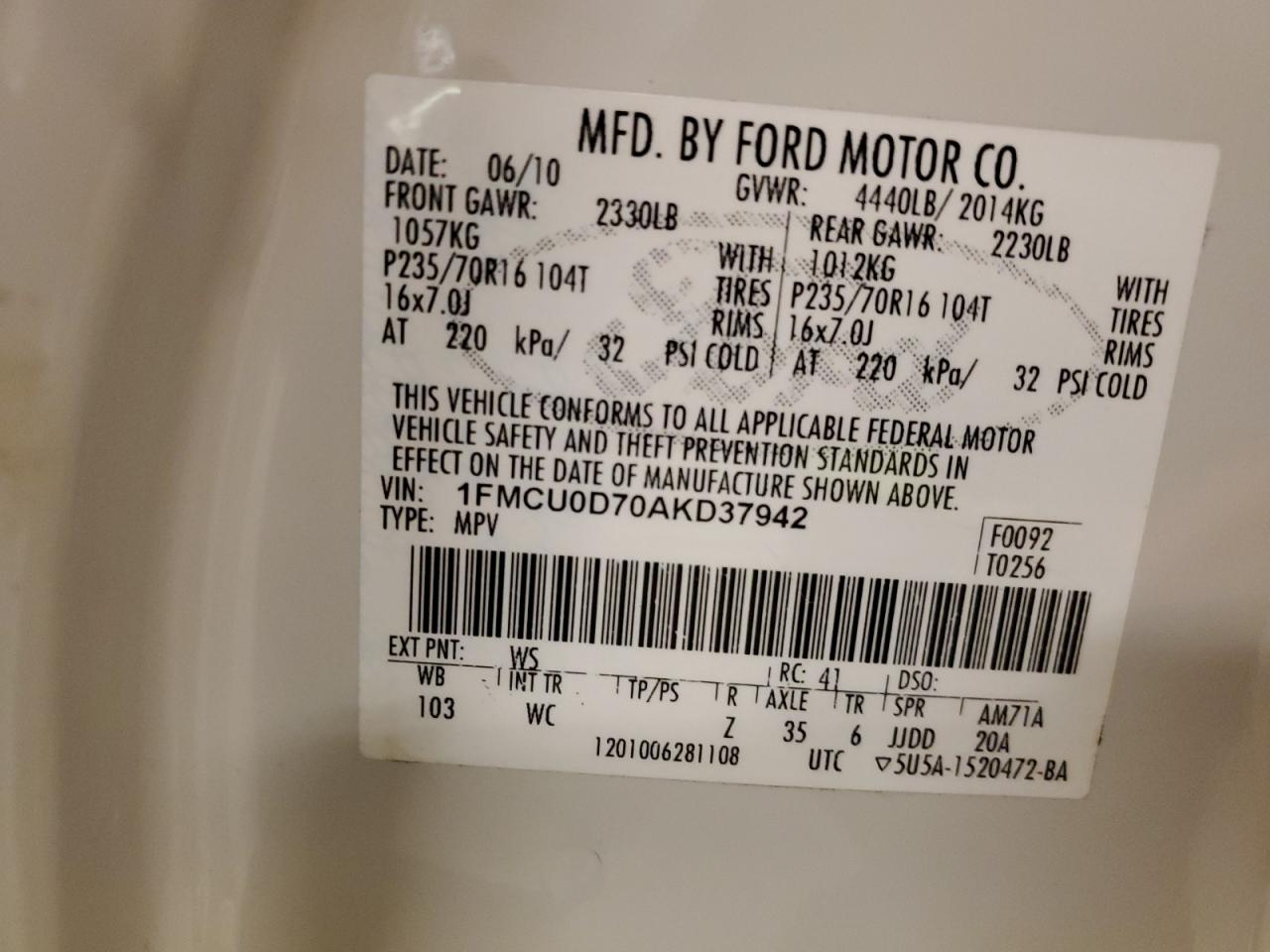 1FMCU0D70AKD37942 2010 Ford Escape Xlt