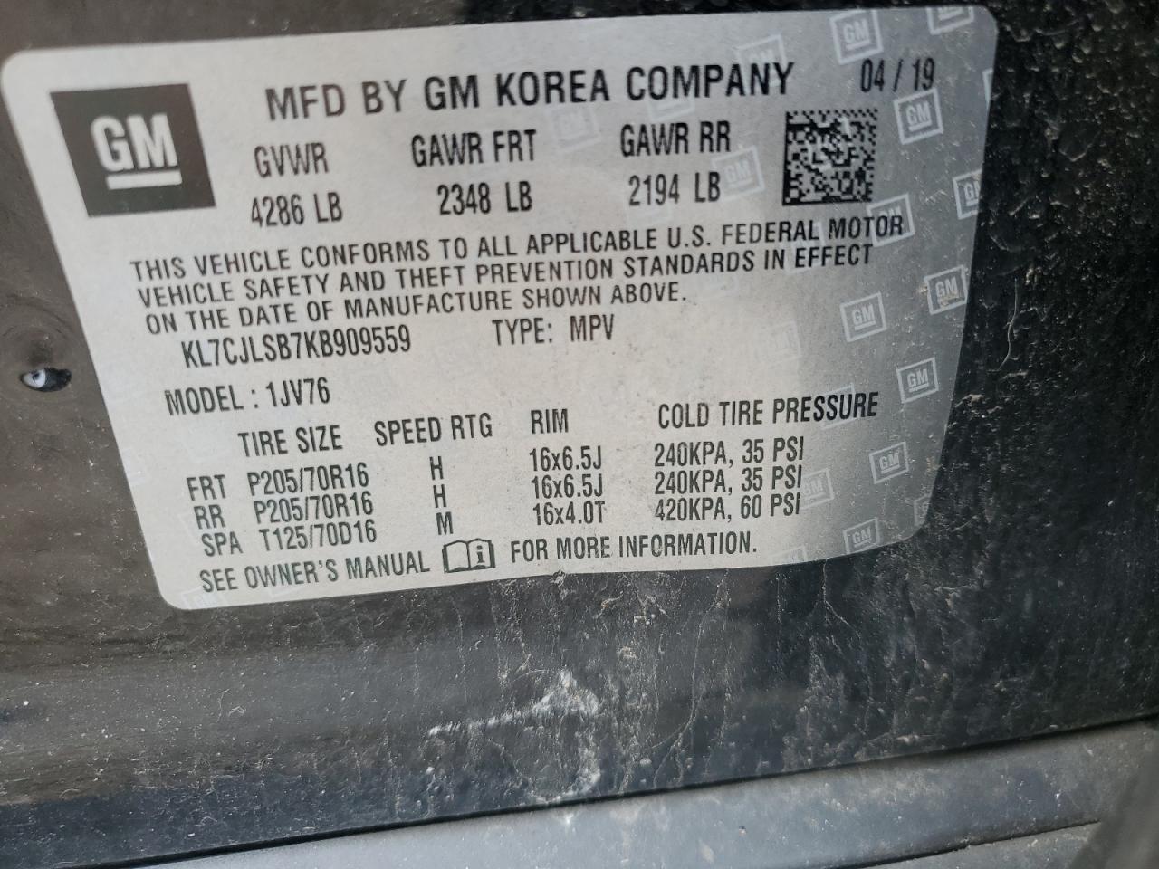 KL7CJLSB7KB909559 2019 Chevrolet Trax 1Lt