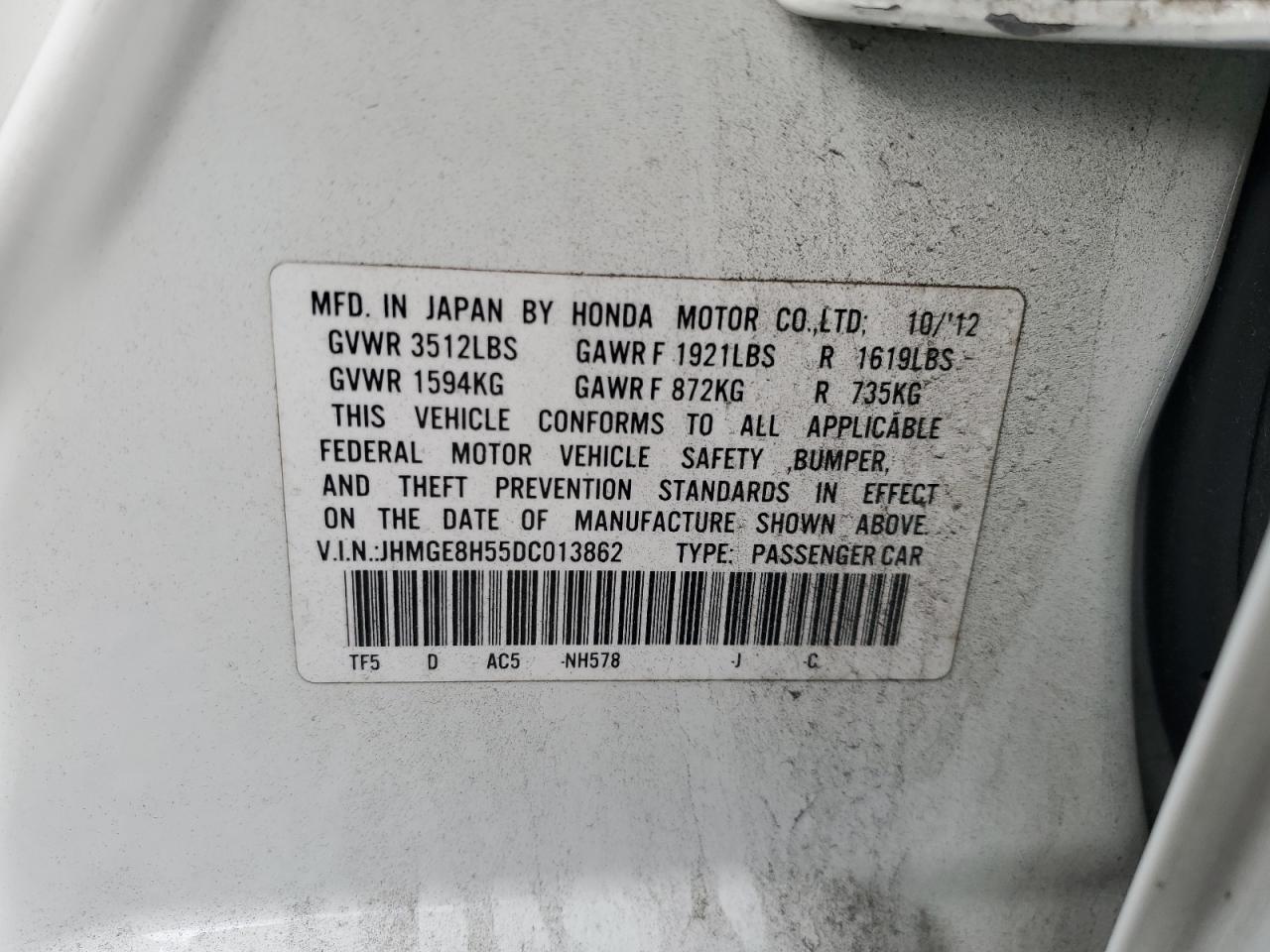 JHMGE8H55DC013862 2013 Honda Fit Sport