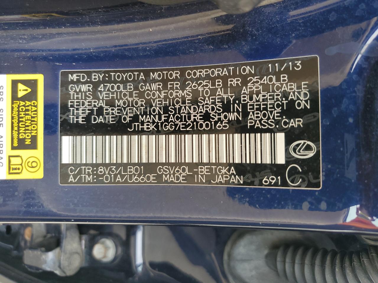 JTHBK1GG7E2100165 2014 Lexus Es 350