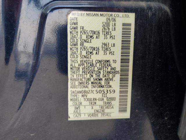 2007 Nissan Xterra Off Road VIN: 5N1AN08U27C505359 Lot: 62367454