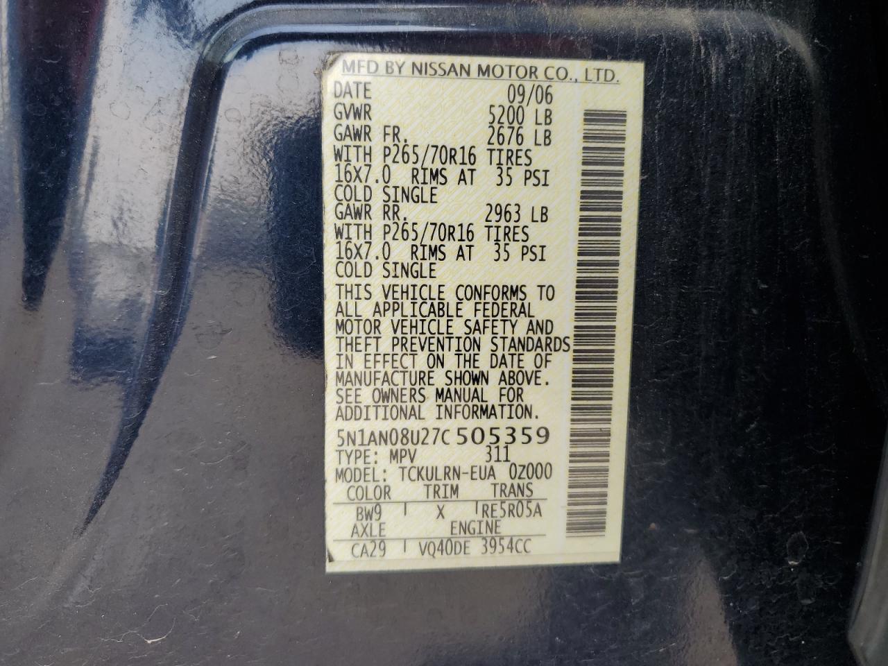 5N1AN08U27C505359 2007 Nissan Xterra Off Road