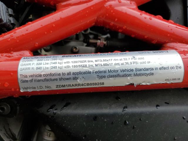 2012 DUCATI MONSTER 11 ZDM1RARR4CB059258