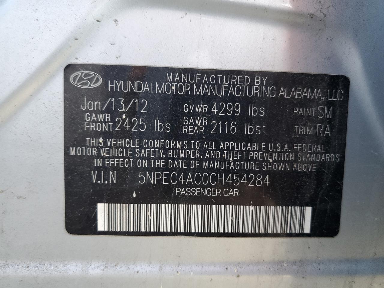 5NPEC4AC0CH454284 2012 Hyundai Sonata Se