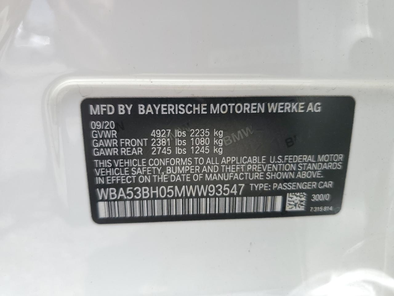 WBA53BH05MWW93547 2021 BMW 530 I