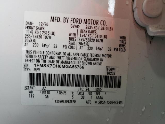 2021 Ford Explorer Xlt VIN: 1FMSK7DH0MGA56766 Lot: 60813684
