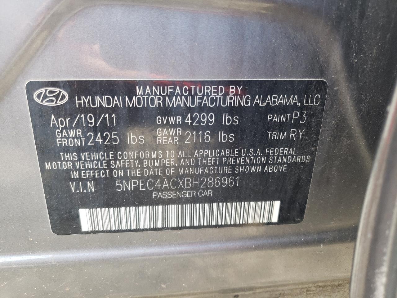 5NPEC4ACXBH286961 2011 Hyundai Sonata Se