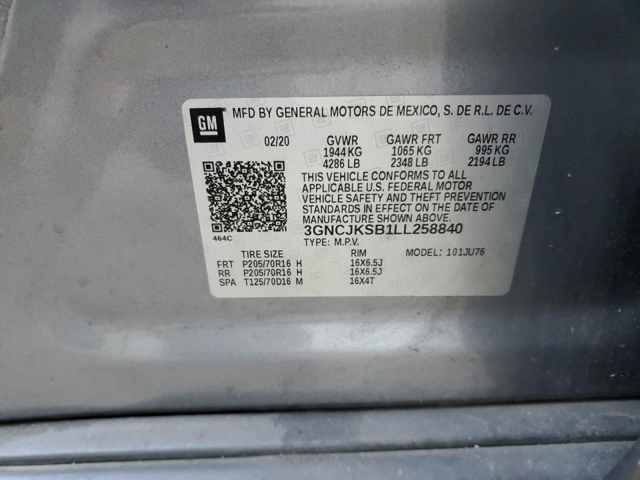 3GNCJKSB1LL258840 2020 Chevrolet Trax Ls