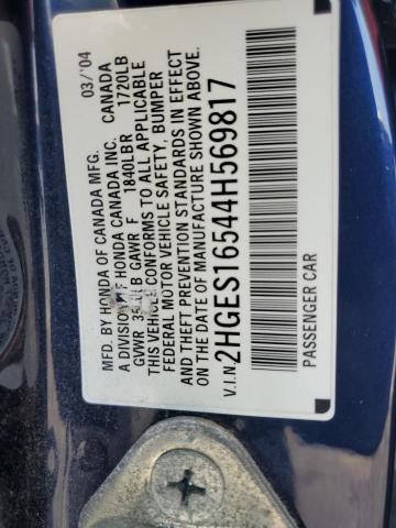 2004 Honda Civic Lx VIN: 2HGES16544H569817 Lot: 62268854