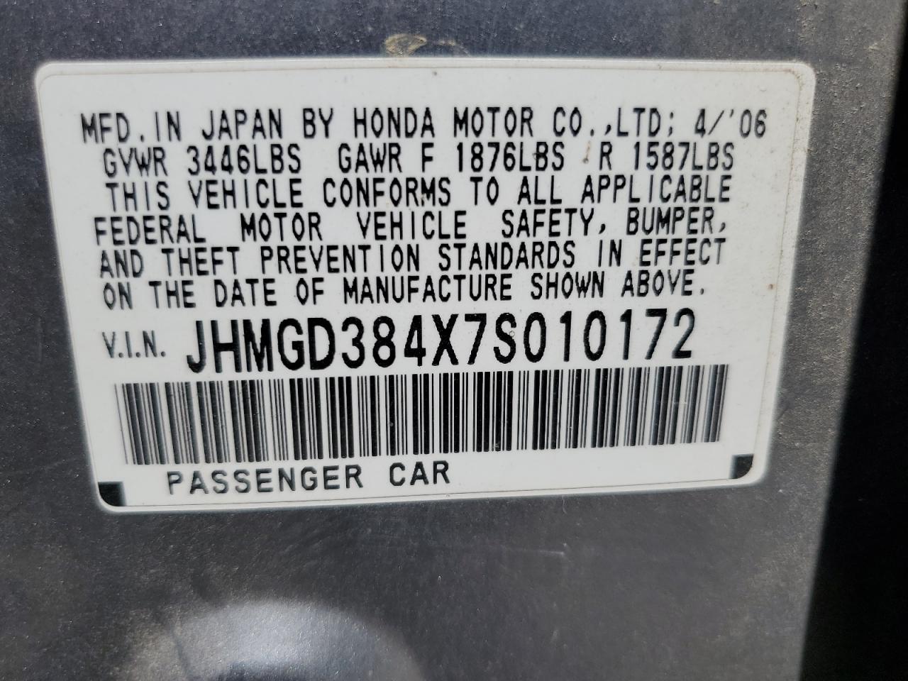 JHMGD384X7S010172 2007 Honda Fit