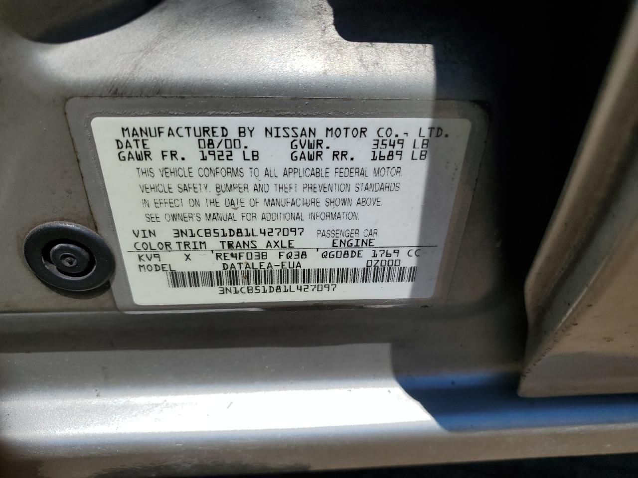 3N1CB51D81L427097 2001 Nissan Sentra Xe