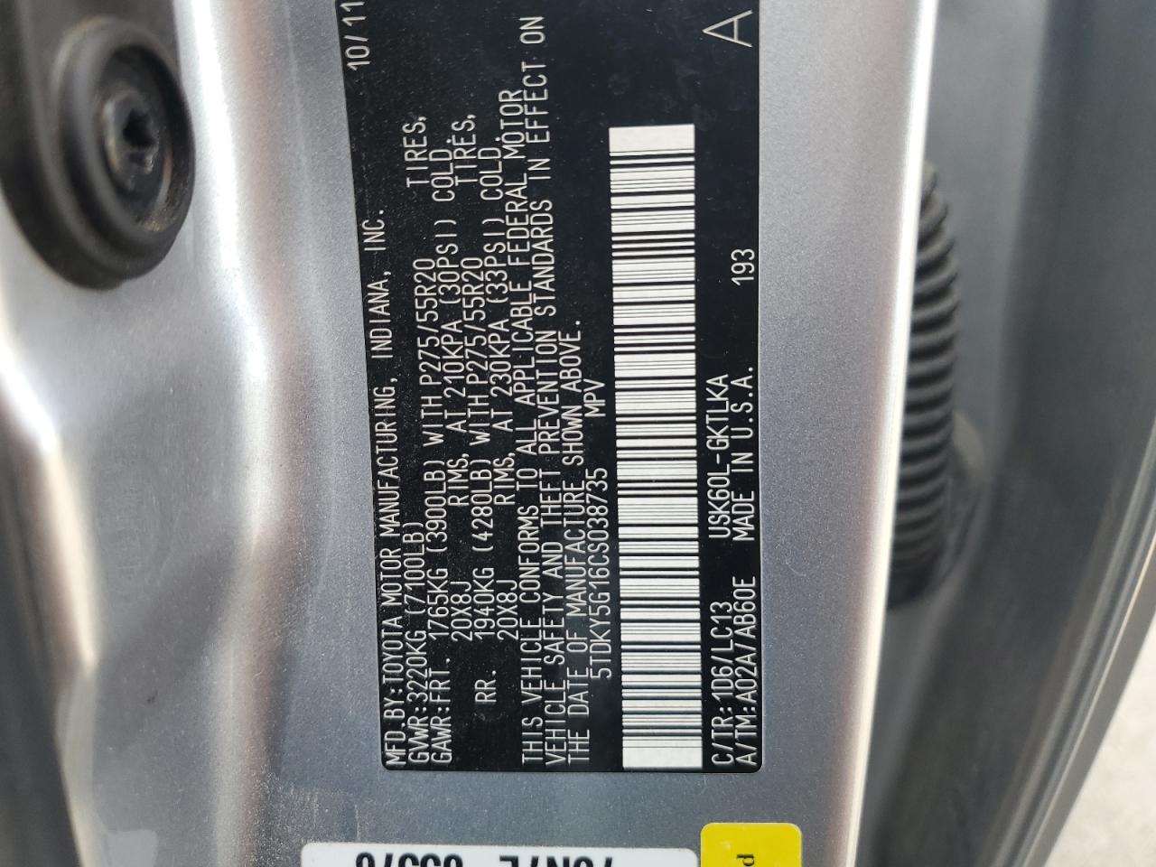 5TDKY5G16CS038735 2012 Toyota Sequoia Limited