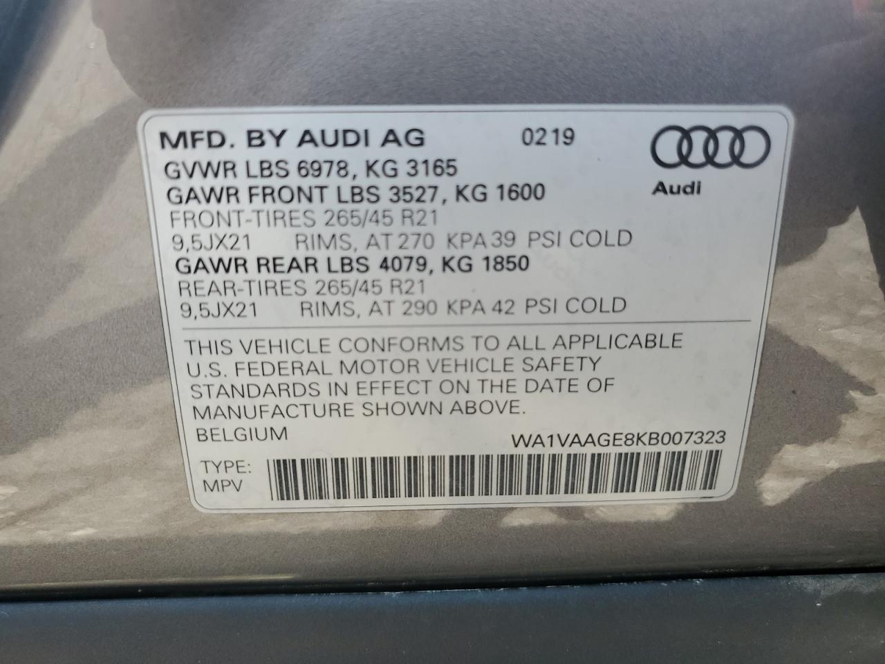 WA1VAAGE8KB007323 2019 Audi E-Tron Prestige