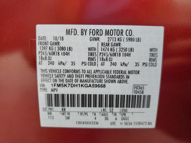 2019 Ford Explorer Xlt VIN: 1FM5K7DH1KGA59668 Lot: 59522644