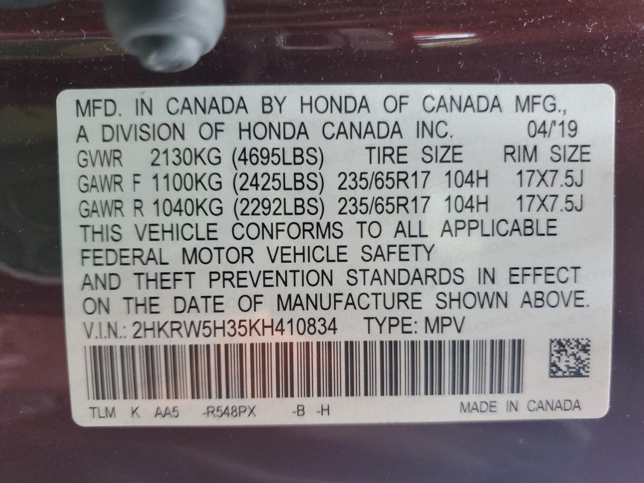 2HKRW5H35KH410834 2019 Honda Cr-V Lx