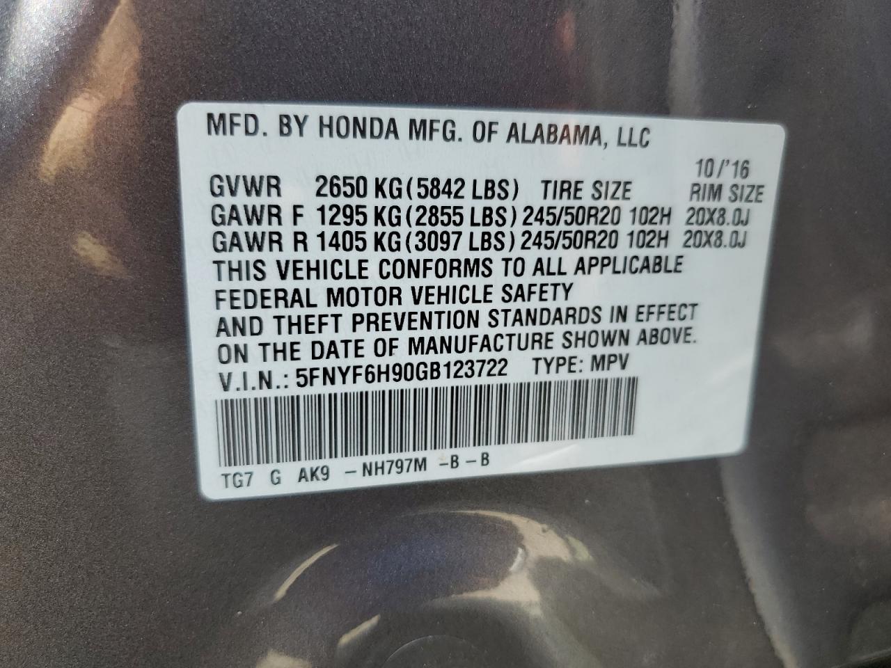 5FNYF6H90GB123722 2016 Honda Pilot Touring