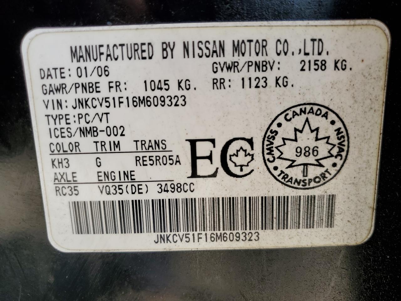 JNKCV51F16M609323 2006 Infiniti G35