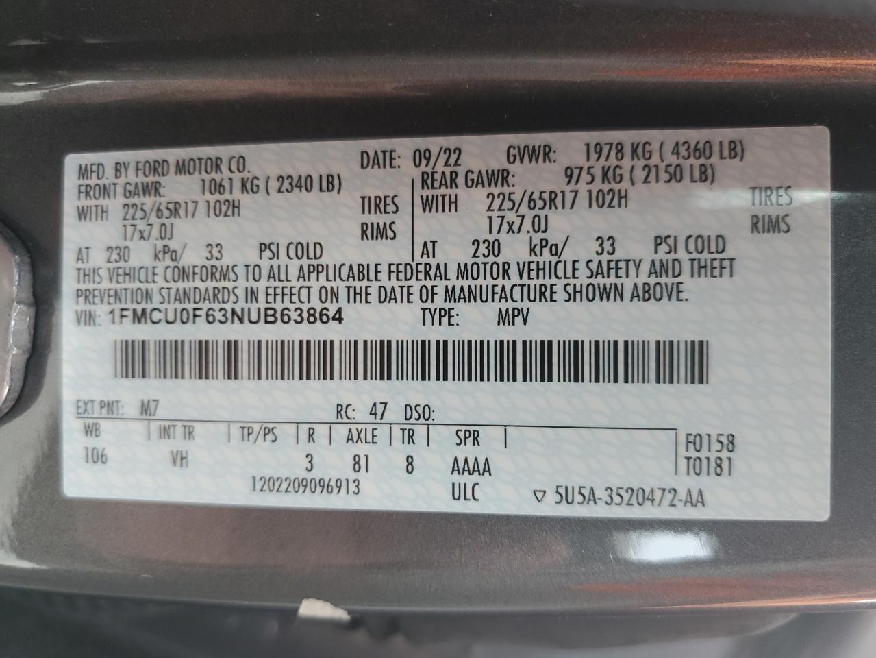 1FMCU0F63NUB63864 2022 Ford Escape S