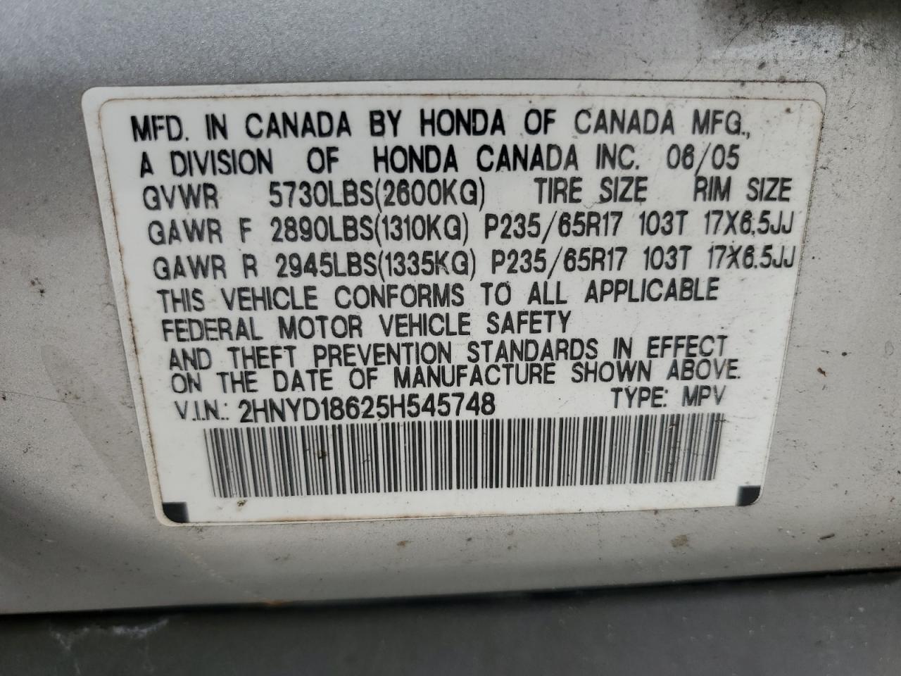 2HNYD18625H545748 2005 Acura Mdx Touring
