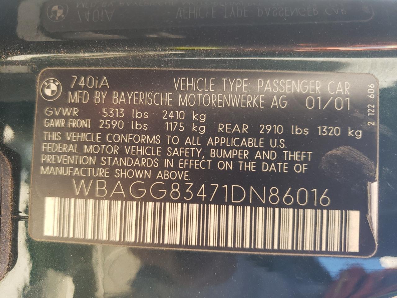 WBAGG83471DN86016 2001 BMW 740 I Automatic