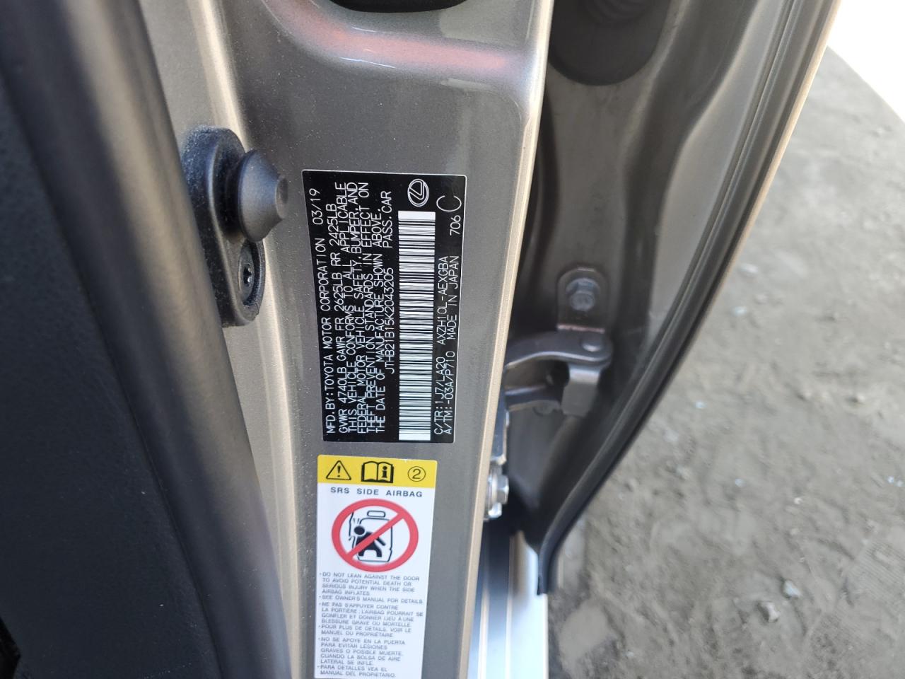 JTHB21B15K2043205 2019 Lexus Es 300H