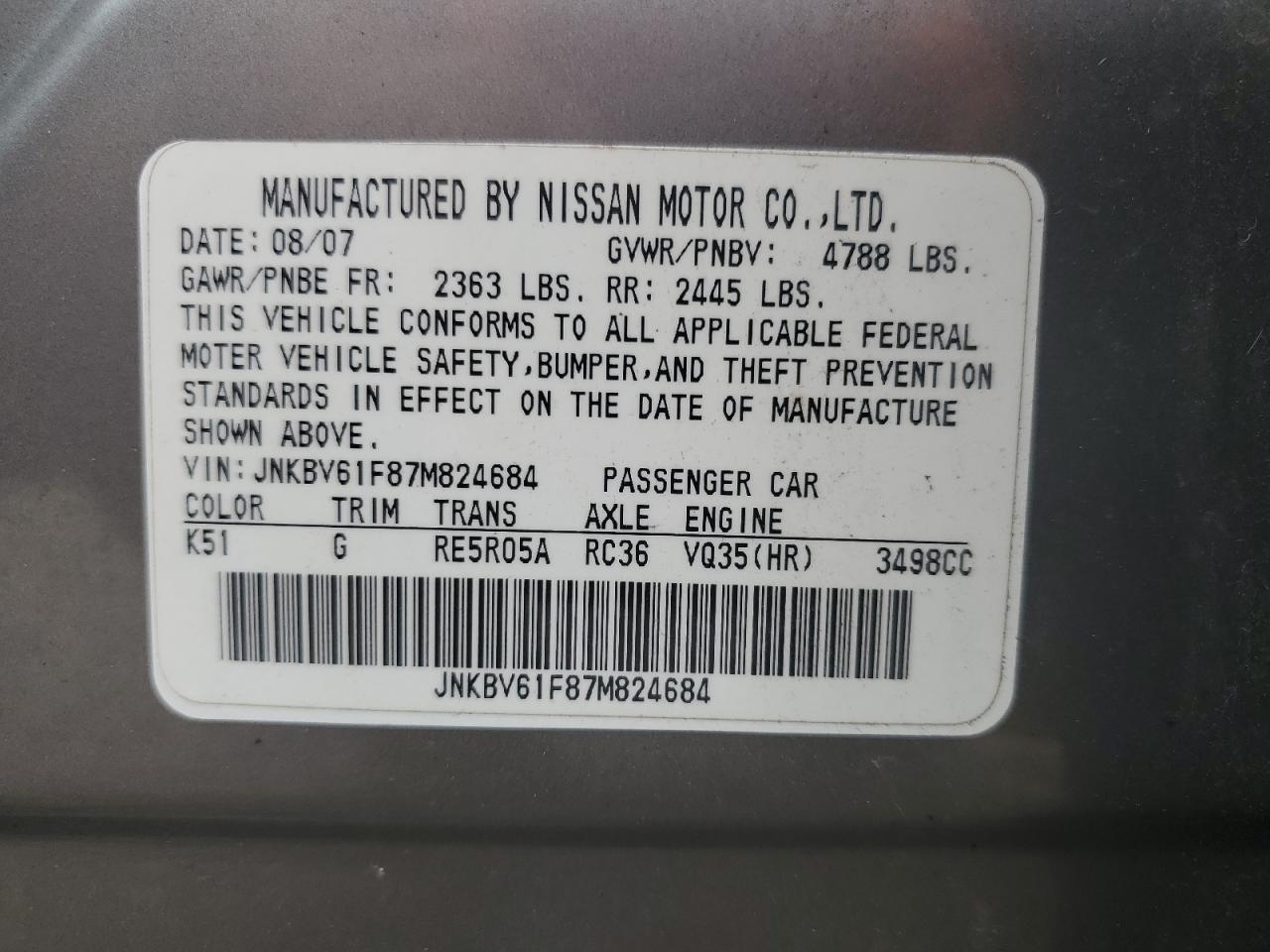 JNKBV61F87M824684 2007 Infiniti G35