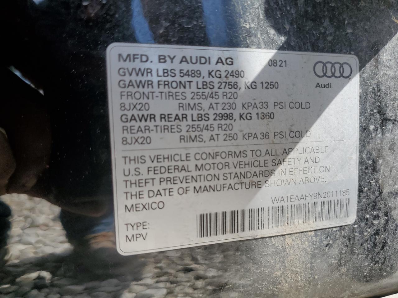 WA1EAAFY9N2011185 2022 Audi Q5 Premium Plus 45