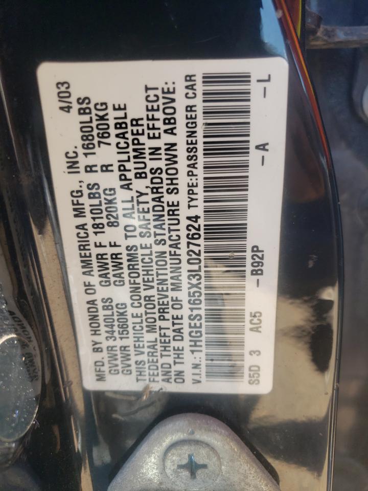 1HGES165X3L027624 2003 Honda Civic Lx