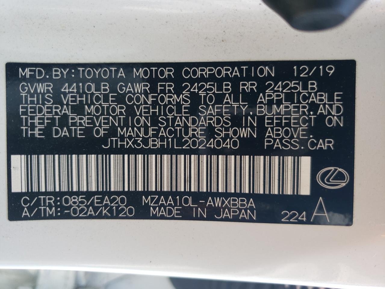 JTHX3JBH1L2024040 2020 Lexus Ux 200