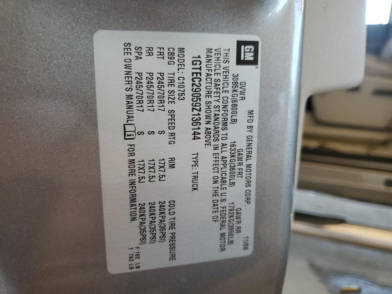 1GTEC29059Z136144 2009 GMC Sierra C1500 Sle