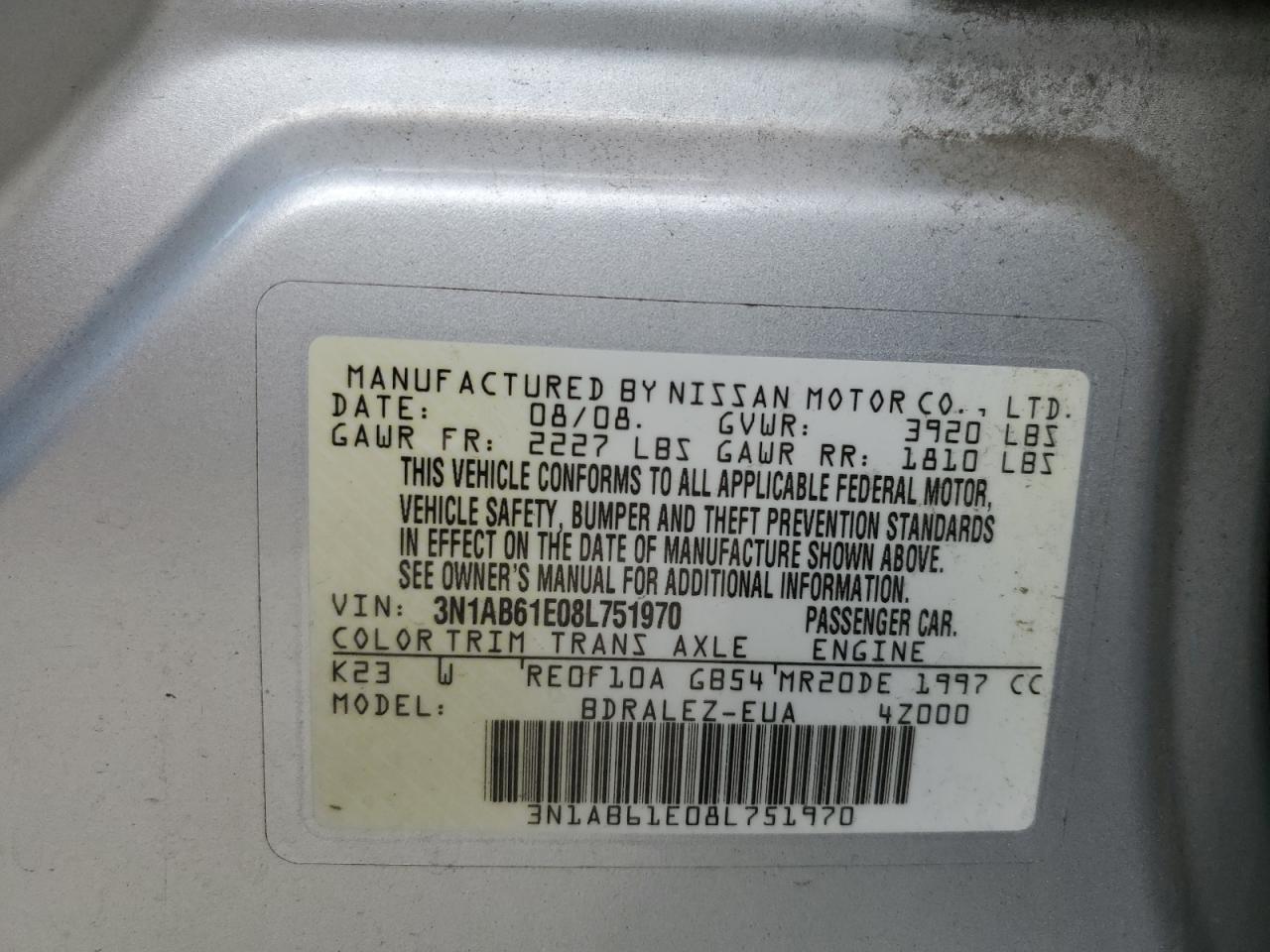 3N1AB61E08L751970 2008 Nissan Sentra 2.0