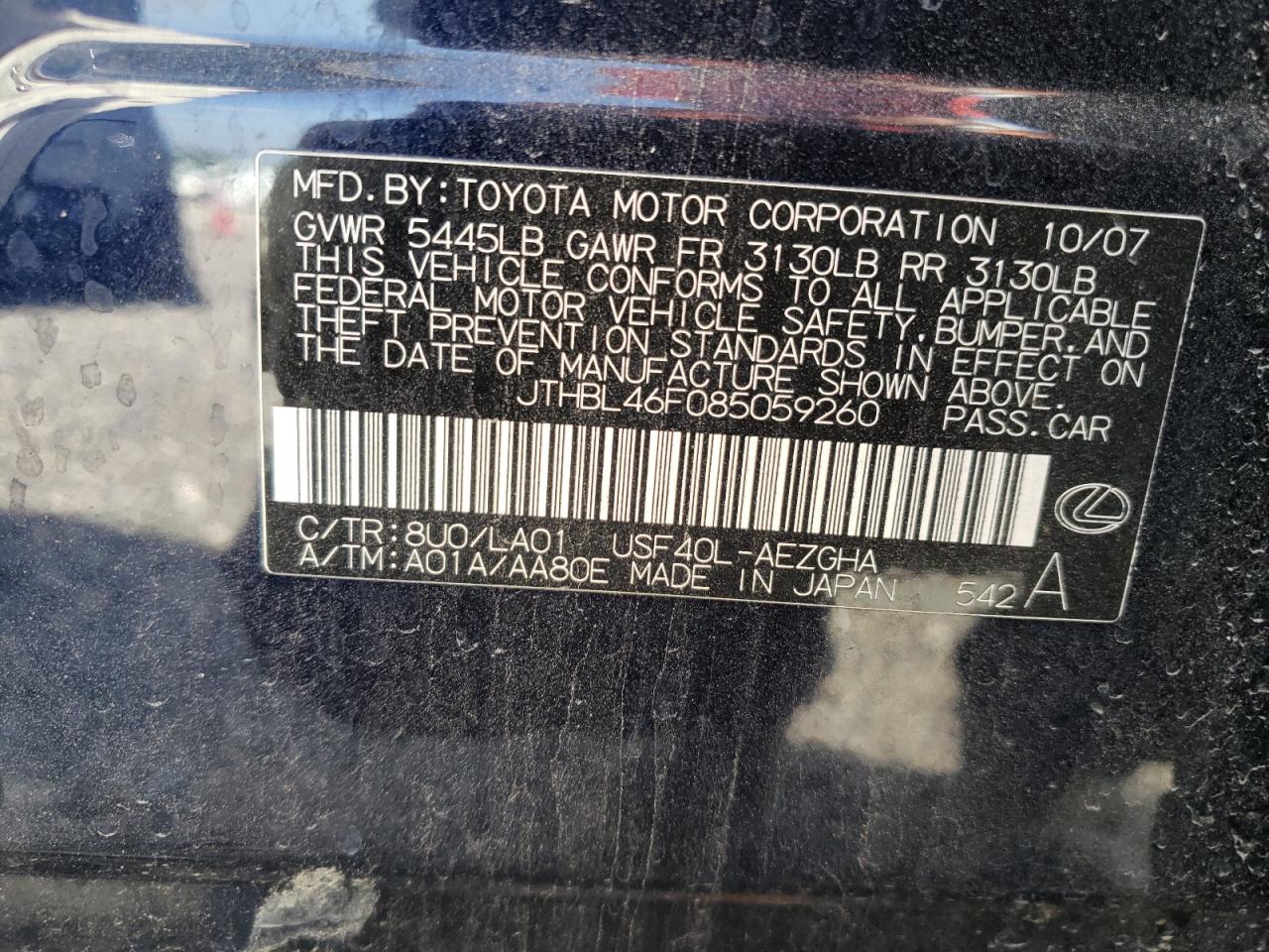 JTHBL46F085059260 2008 Lexus Ls 460