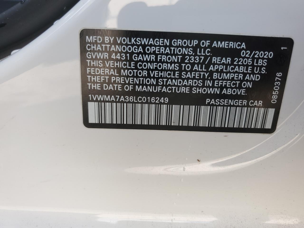 1VWMA7A36LC016249 2020 Volkswagen Passat R-Line