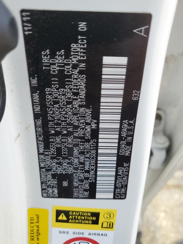 5TDYK3EHXCS061175 2012 Toyota Highlander Limited